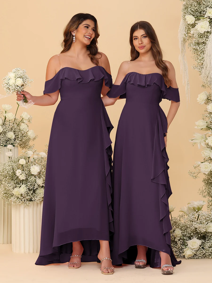 A-Line/Princess Off-the-Shoulder Spaghetti Straps Sleeveless Bridesmaid Dresses with Ruffles - Image 55