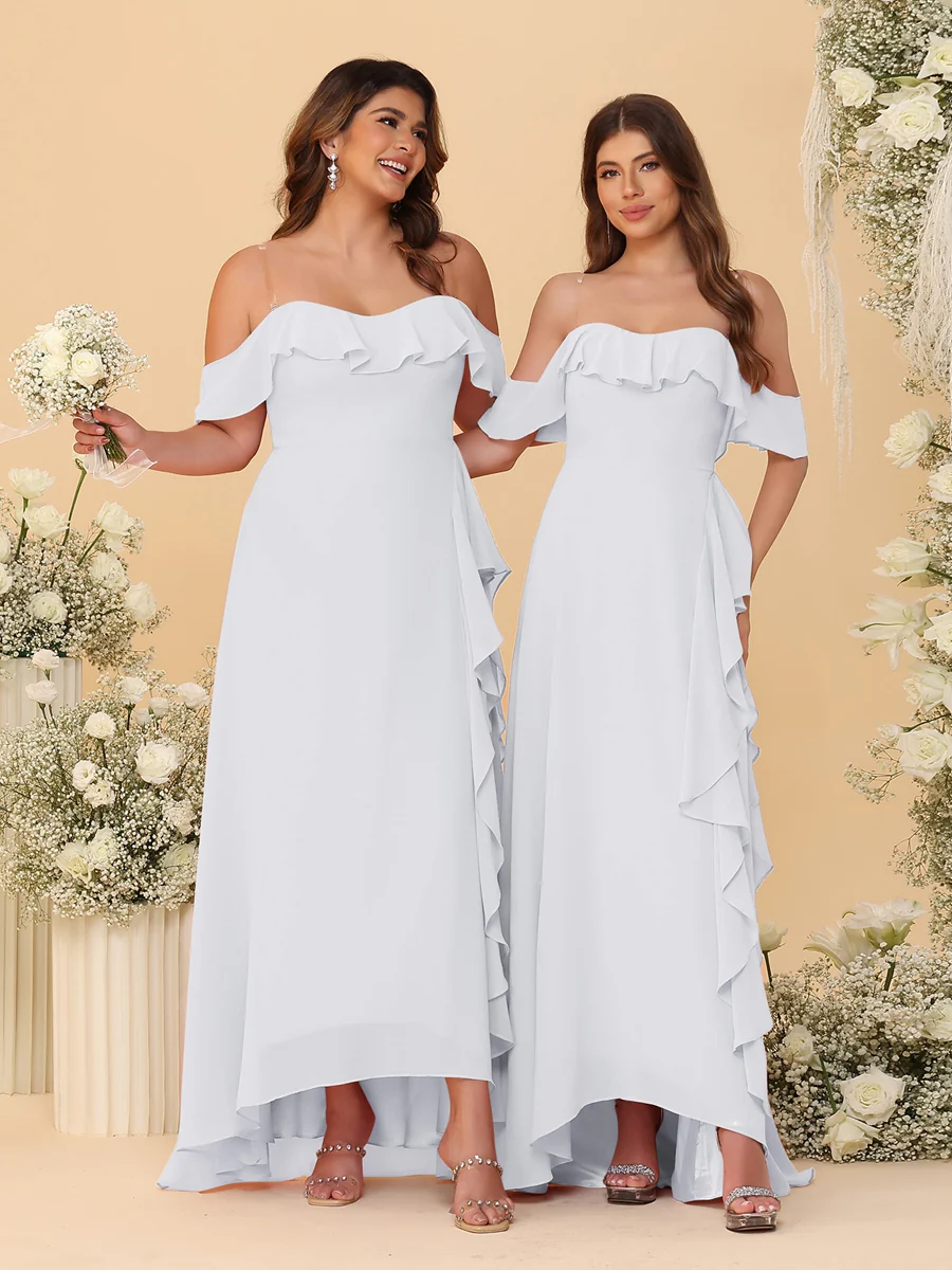 A-Line/Princess Off-the-Shoulder Spaghetti Straps Sleeveless Bridesmaid Dresses with Ruffles - Image 71