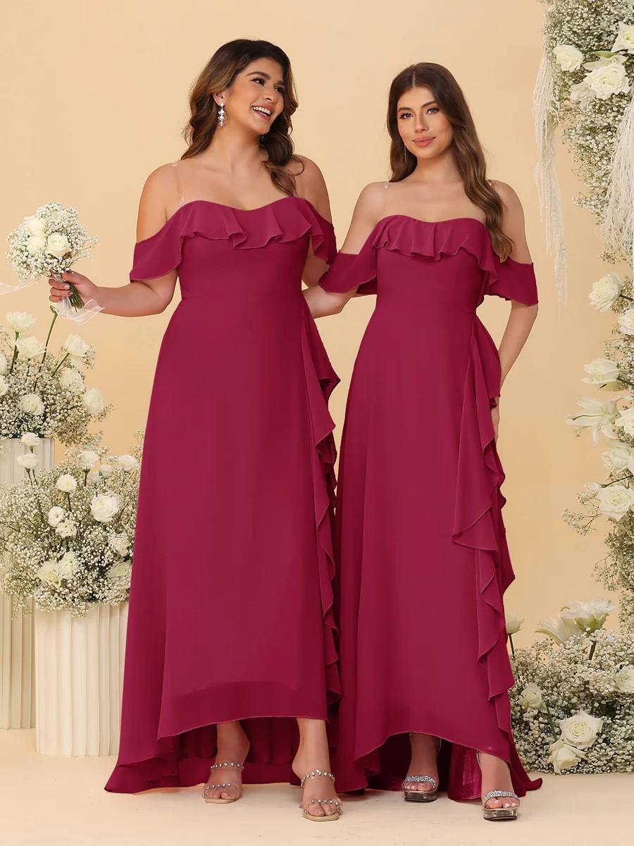 A-Line/Princess Off-the-Shoulder Spaghetti Straps Sleeveless Bridesmaid Dresses with Ruffles - Image 72