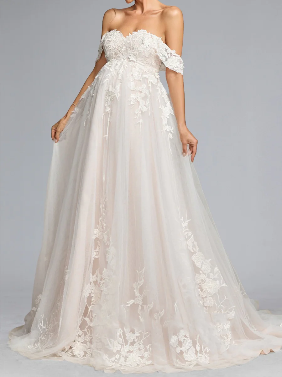 A-Line/Princess Off-the-Shoulder Tulle Sweep Train Baby Shower Wedding Dresses with Appliques - Image 4