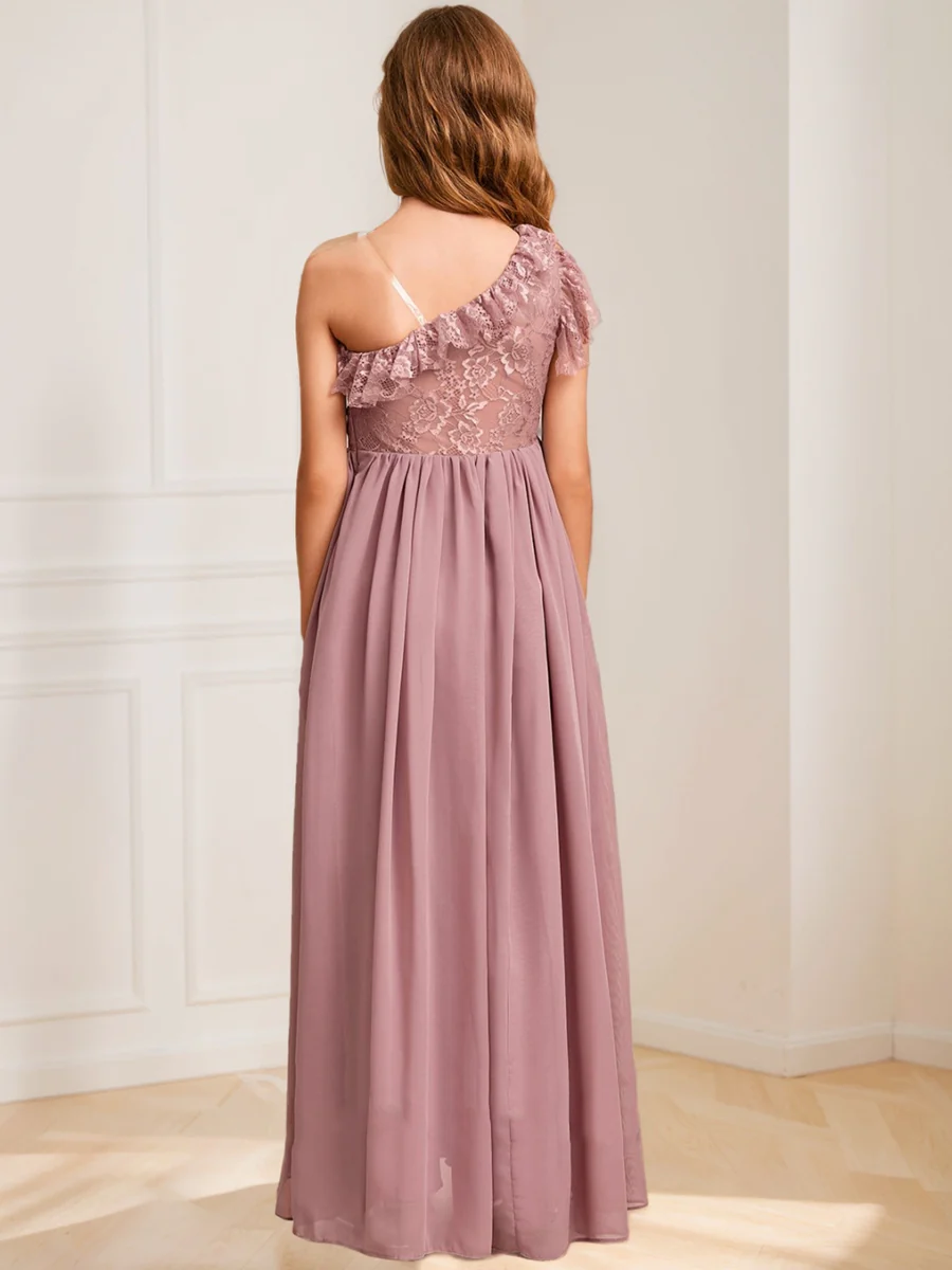 A-Line/Princess One-Shoulder Asymmetrical Lace Junior Bridesmaid Dresses - Image 2