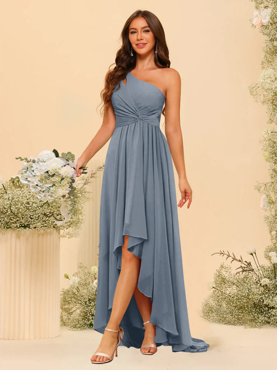 A-line/Princess One-The-Shoulder Asymmetrical Long Bridesmaid dresses - Image 4