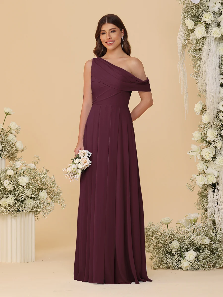 A-Line/Princess One-Shoulder Floor-Length Bridesmaid Dresses With Watteau Train - Image 10