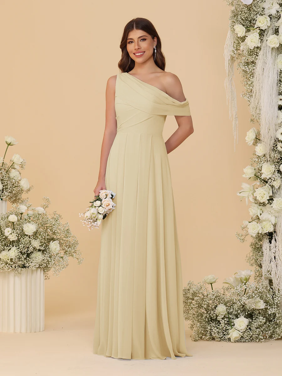 A-Line/Princess One-Shoulder Floor-Length Bridesmaid Dresses With Watteau Train - Image 13