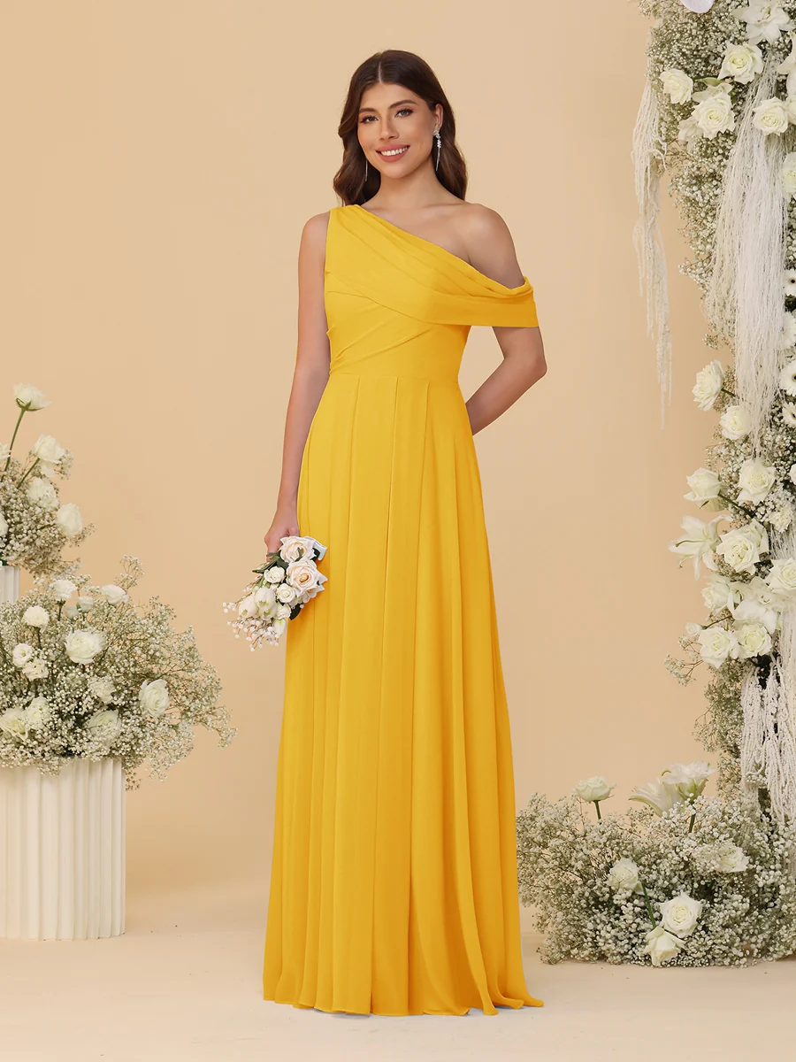 A-Line/Princess One-Shoulder Floor-Length Bridesmaid Dresses With Watteau Train - Image 26