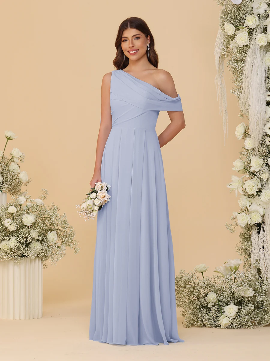A-Line/Princess One-Shoulder Floor-Length Bridesmaid Dresses With Watteau Train - Image 32