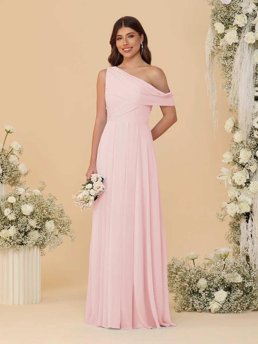 A-Line/Princess One-Shoulder Floor-Length Bridesmaid Dresses With Watteau Train - Image 35