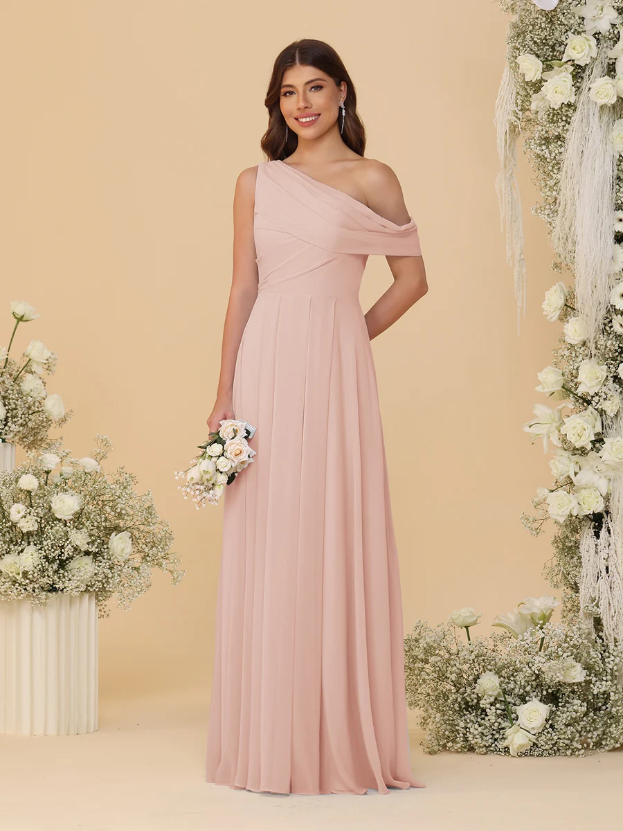 A-Line/Princess One-Shoulder Floor-Length Bridesmaid Dresses With Watteau Train - Image 8