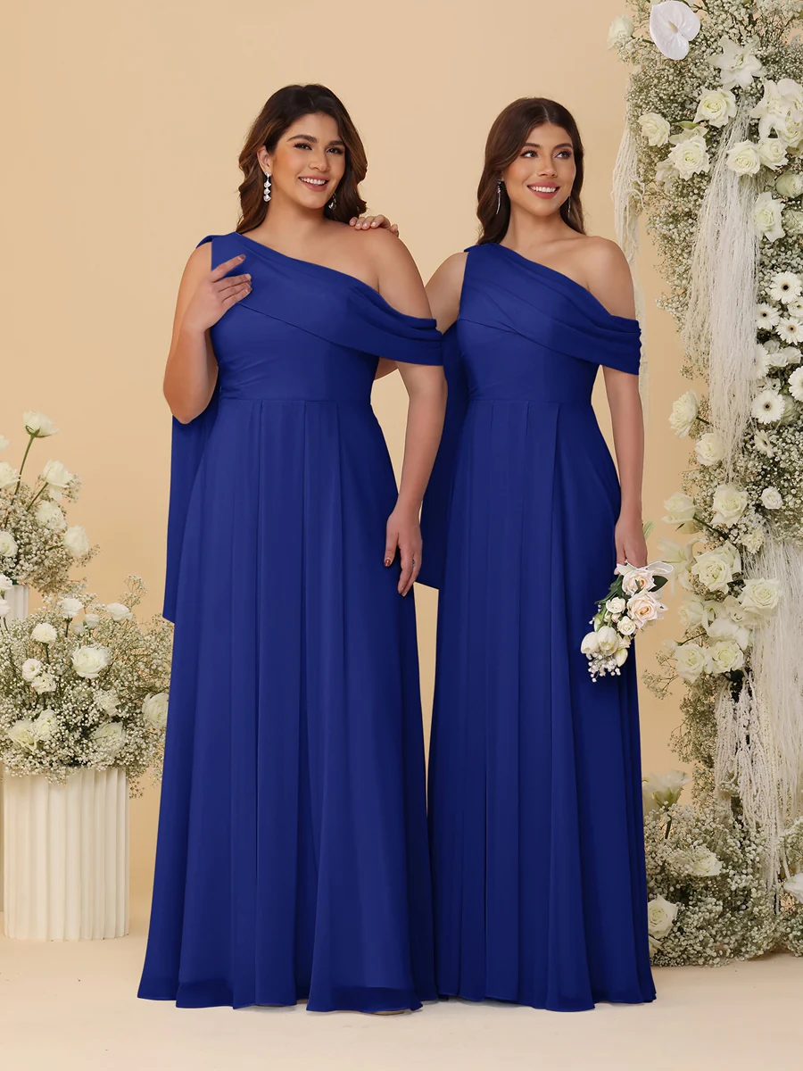A-Line/Princess One-Shoulder Floor-Length Plus Size Bridesmaid Dresses With Watteau Train - Image 17