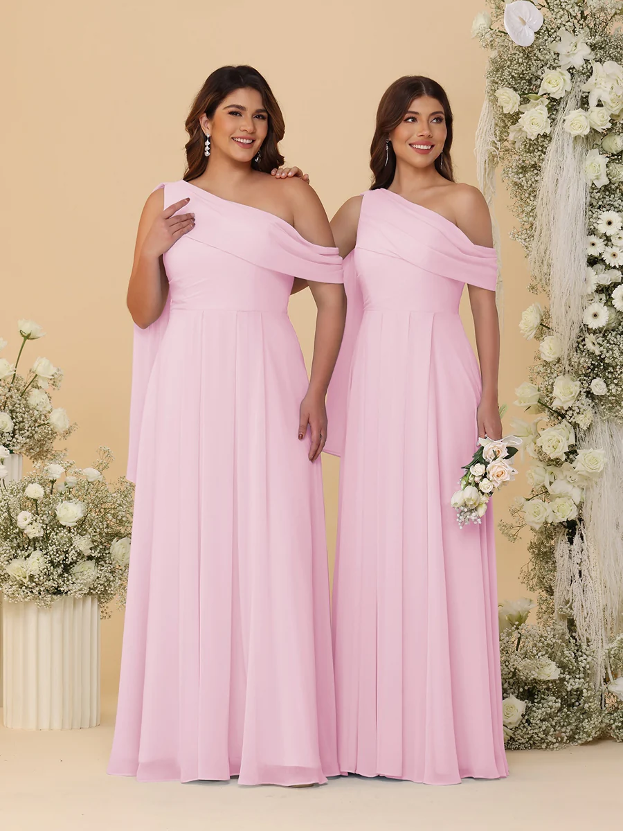 A-Line/Princess One-Shoulder Floor-Length Plus Size Bridesmaid Dresses With Watteau Train - Image 55