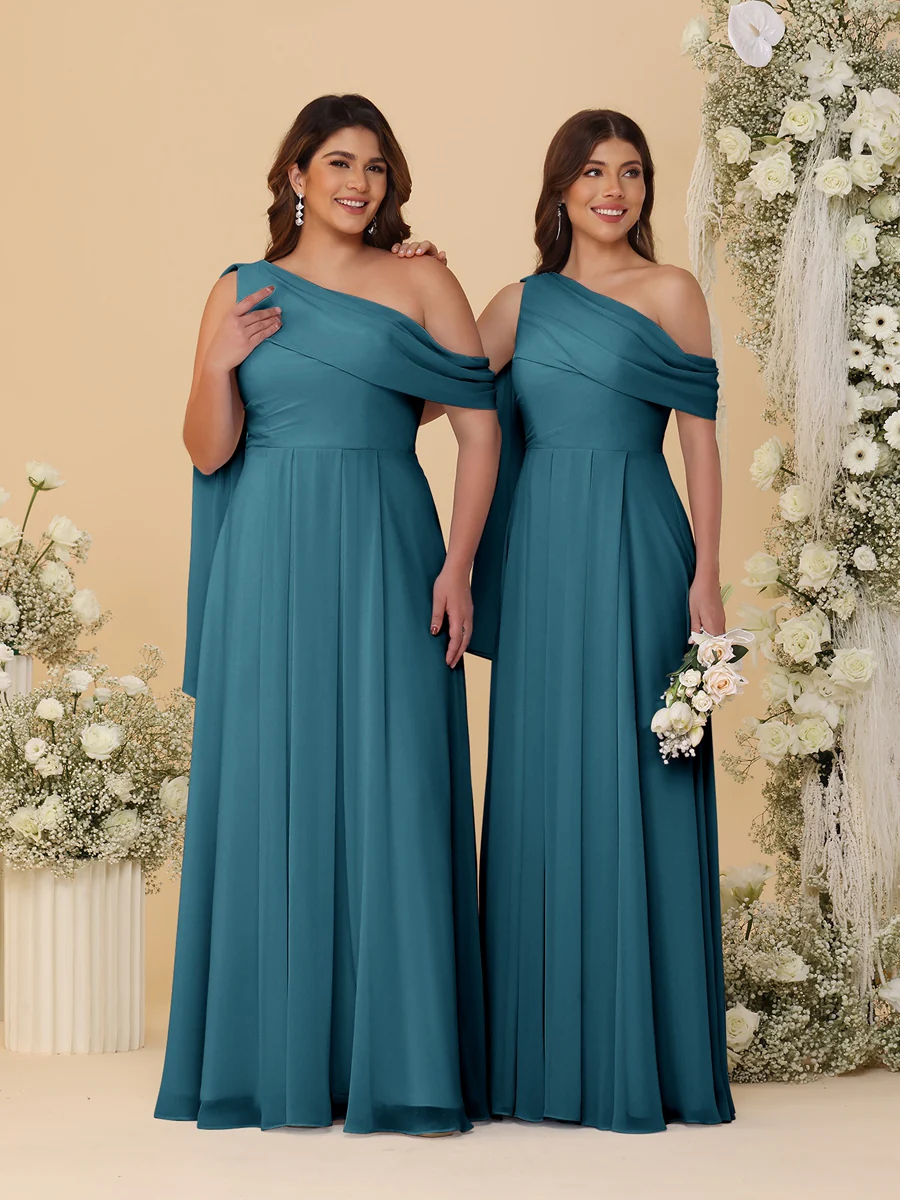 A-Line/Princess One-Shoulder Floor-Length Plus Size Bridesmaid Dresses With Watteau Train - Image 70
