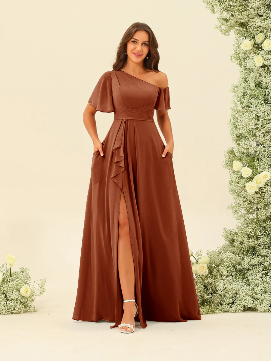 A-Line/Princess One-Shoulder Floor-Length Split Side Bridesmaid Dresses - Image 12