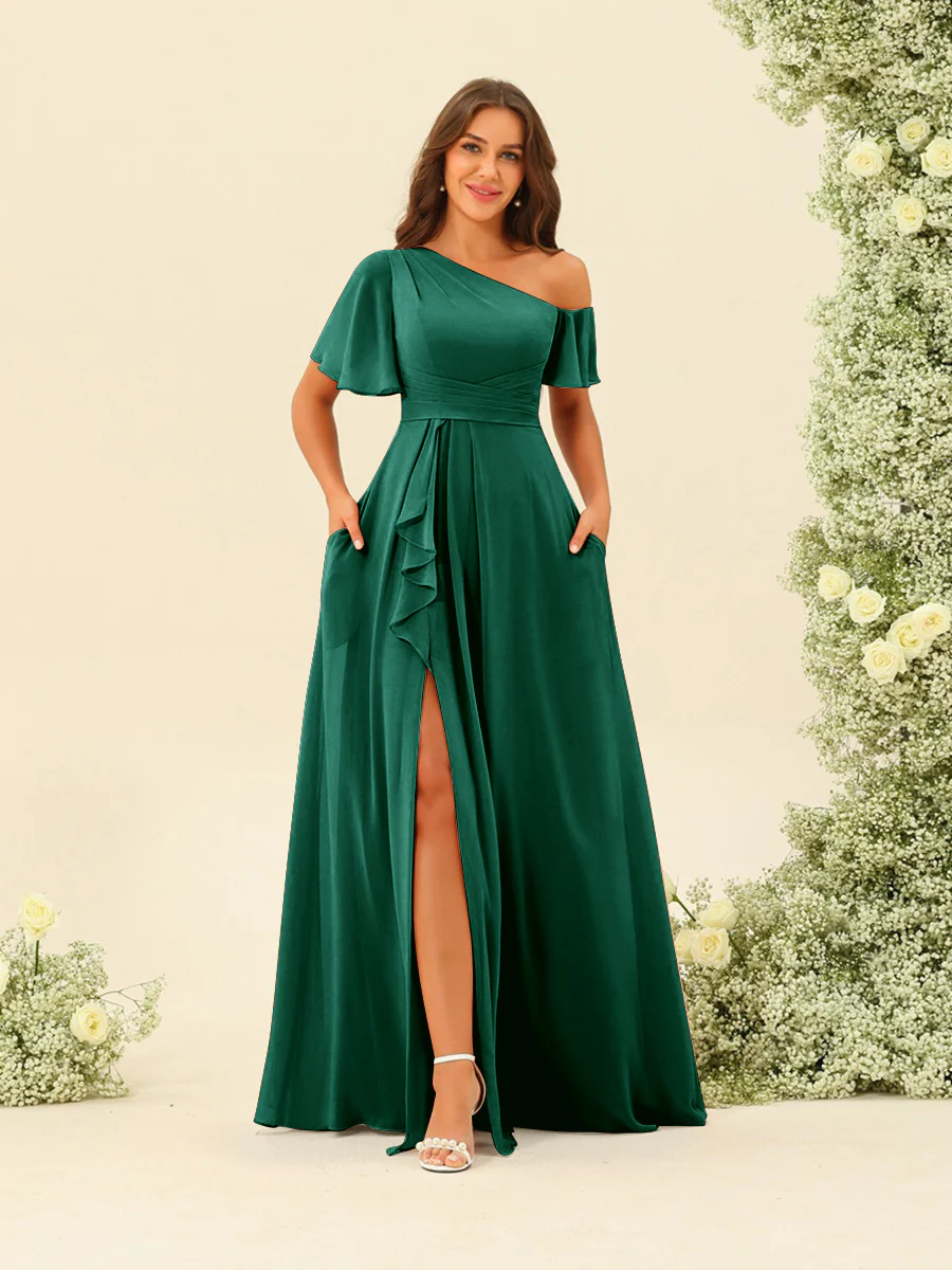 A-Line/Princess One-Shoulder Floor-Length Split Side Bridesmaid Dresses - Image 16