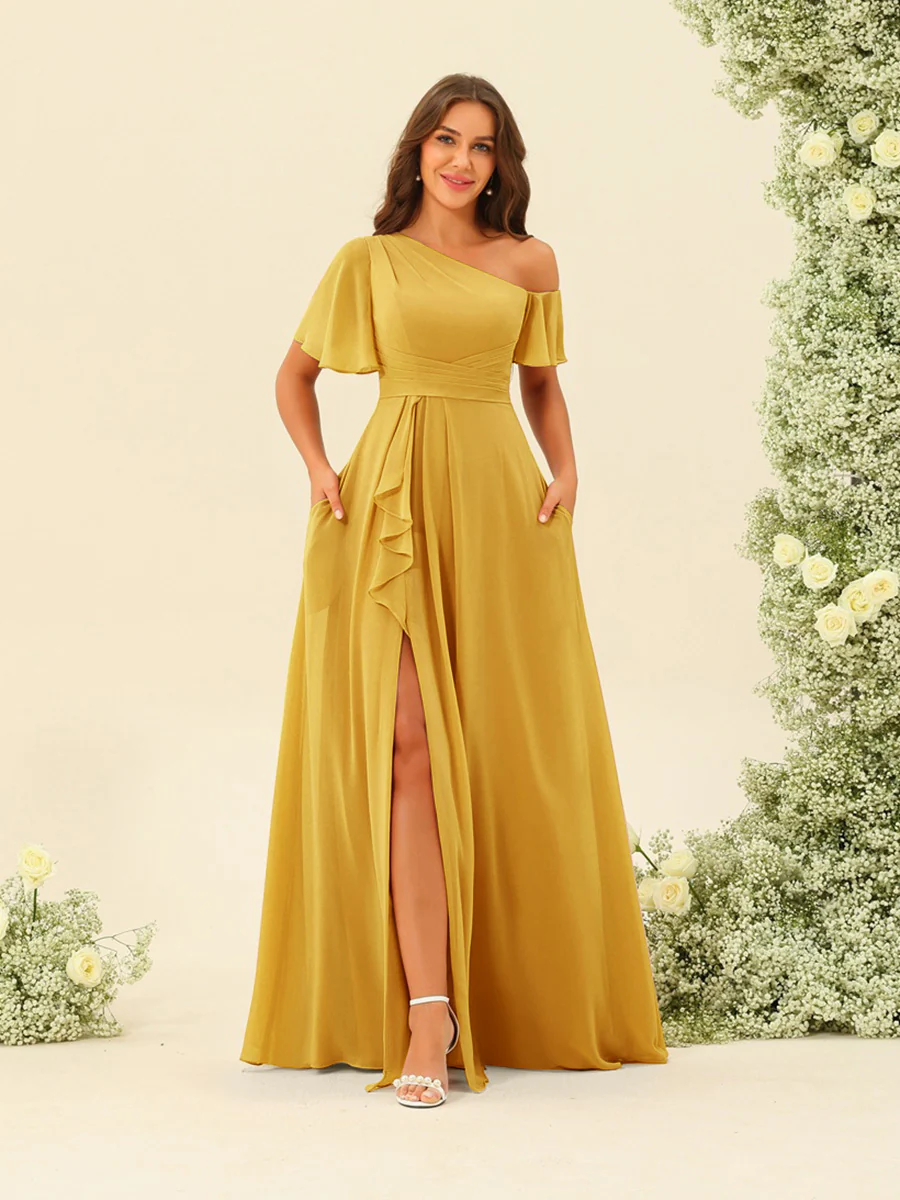 A-Line/Princess One-Shoulder Floor-Length Split Side Bridesmaid Dresses - Image 46