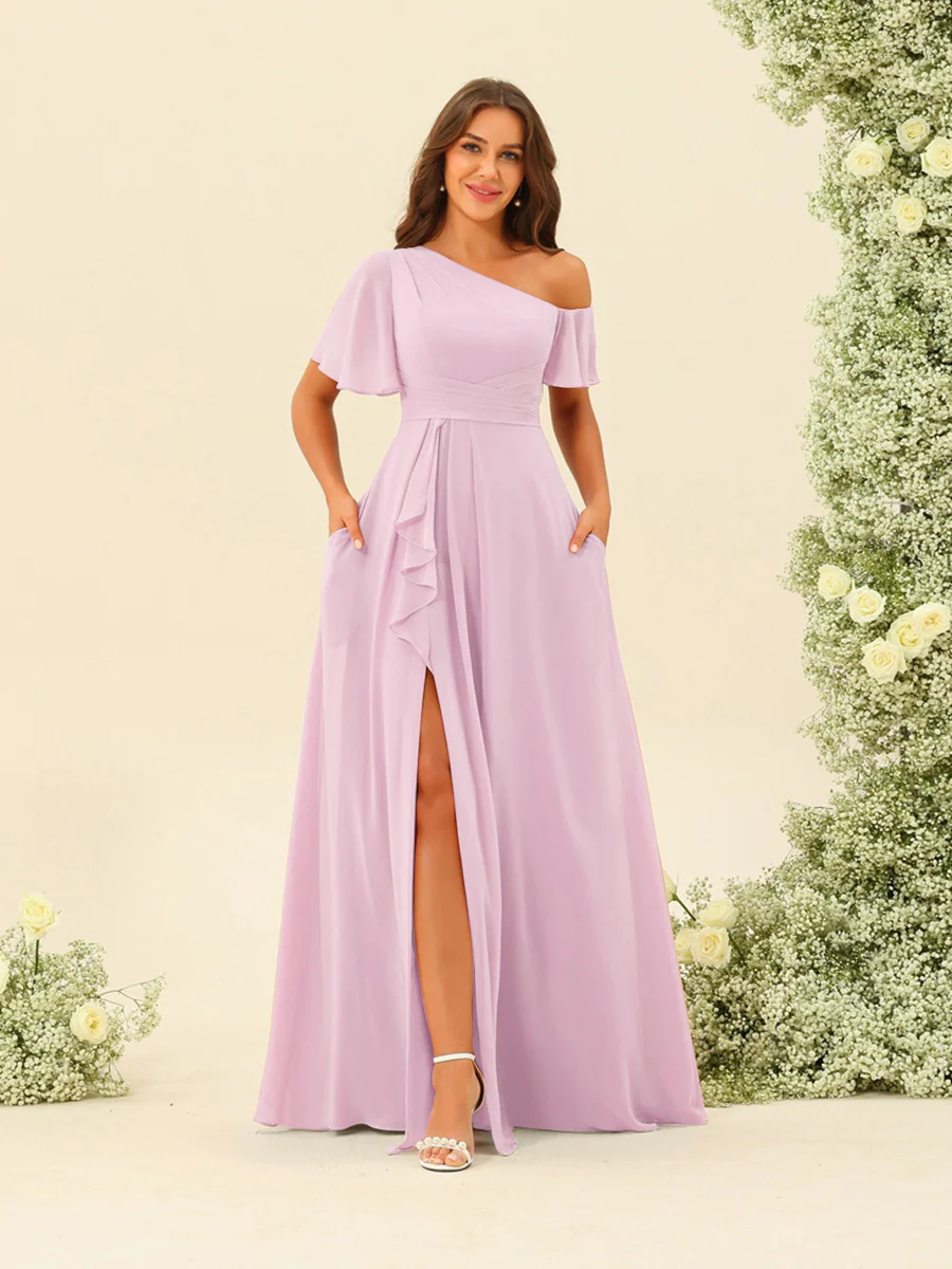 A-Line/Princess One-Shoulder Floor-Length Split Side Bridesmaid Dresses - Image 56