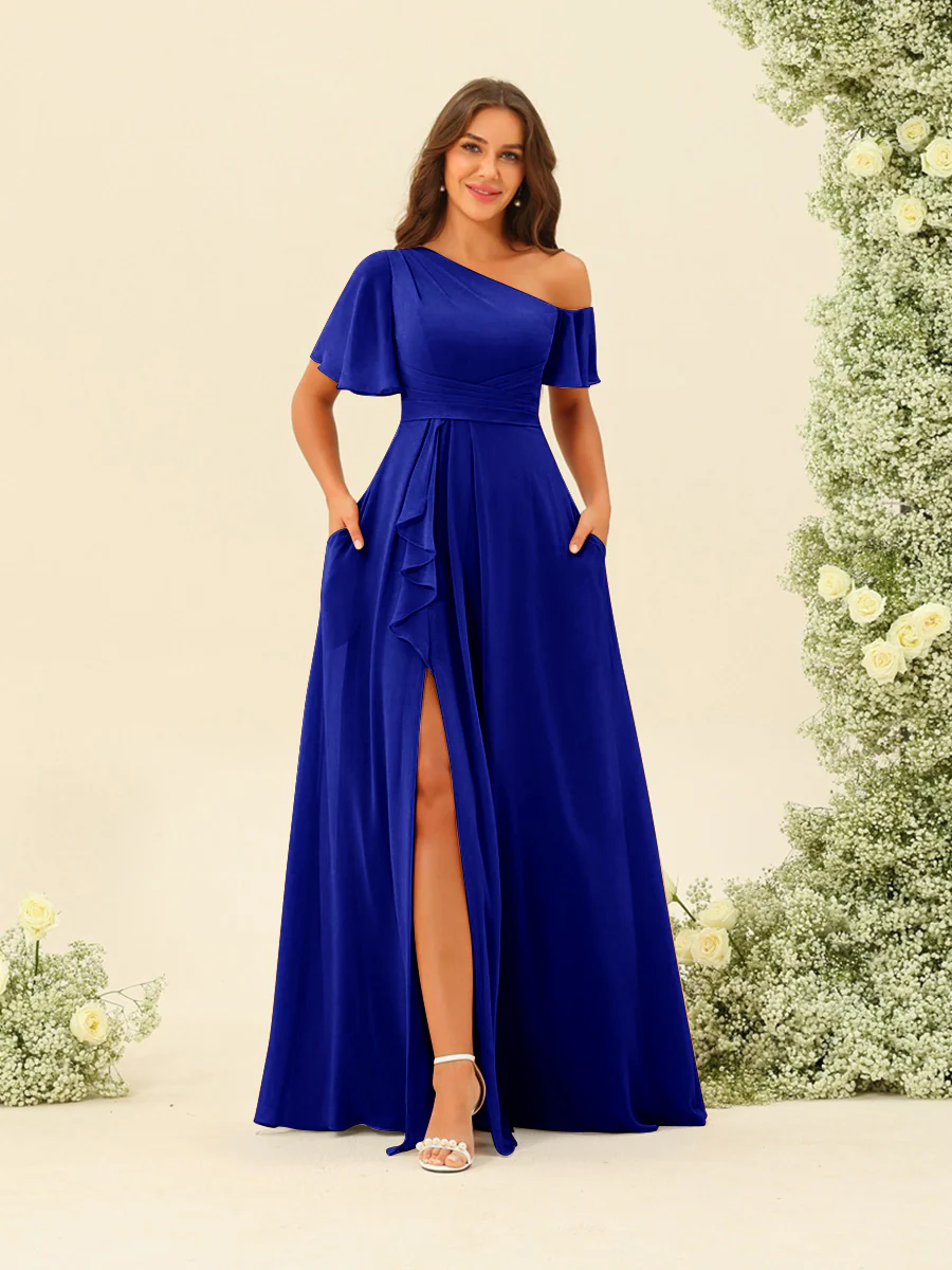 A-Line/Princess One-Shoulder Floor-Length Split Side Bridesmaid Dresses - Image 60