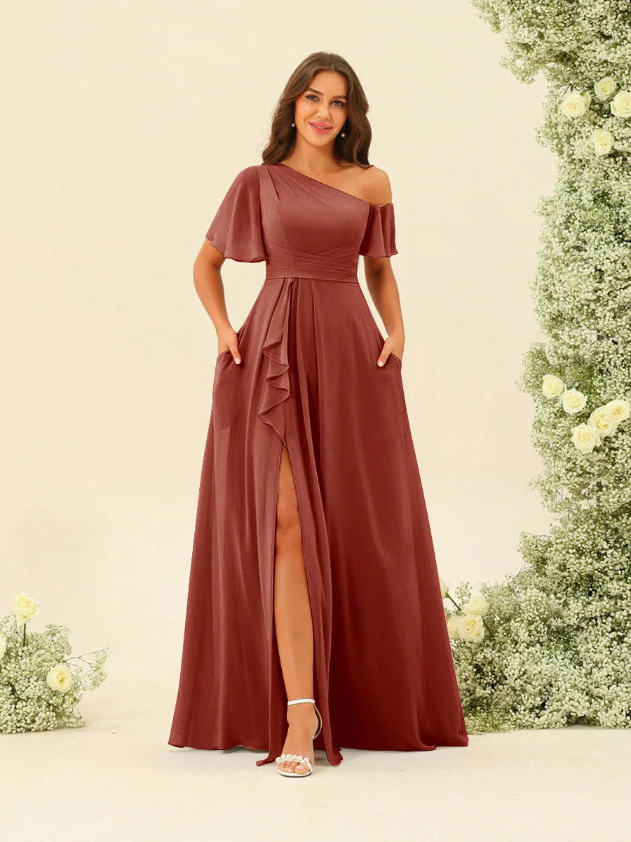 A-Line/Princess One-Shoulder Floor-Length Split Side Bridesmaid Dresses - Image 61