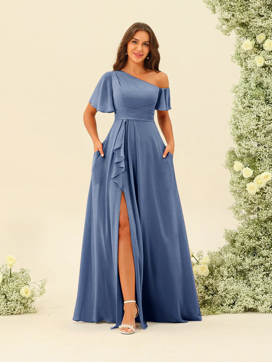 A-Line/Princess One-Shoulder Floor-Length Split Side Bridesmaid Dresses - Image 68