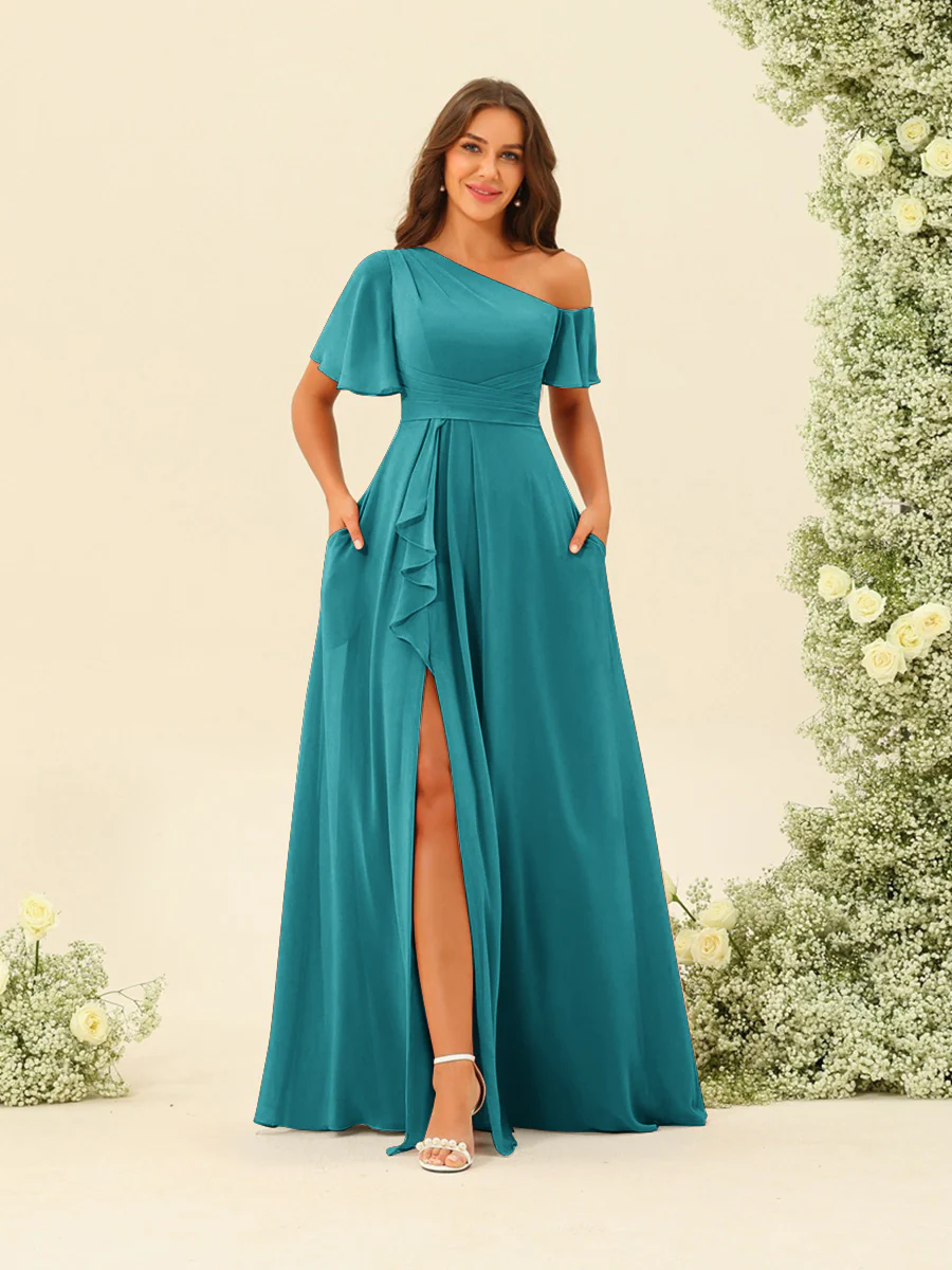 A-Line/Princess One-Shoulder Floor-Length Split Side Bridesmaid Dresses - Image 7