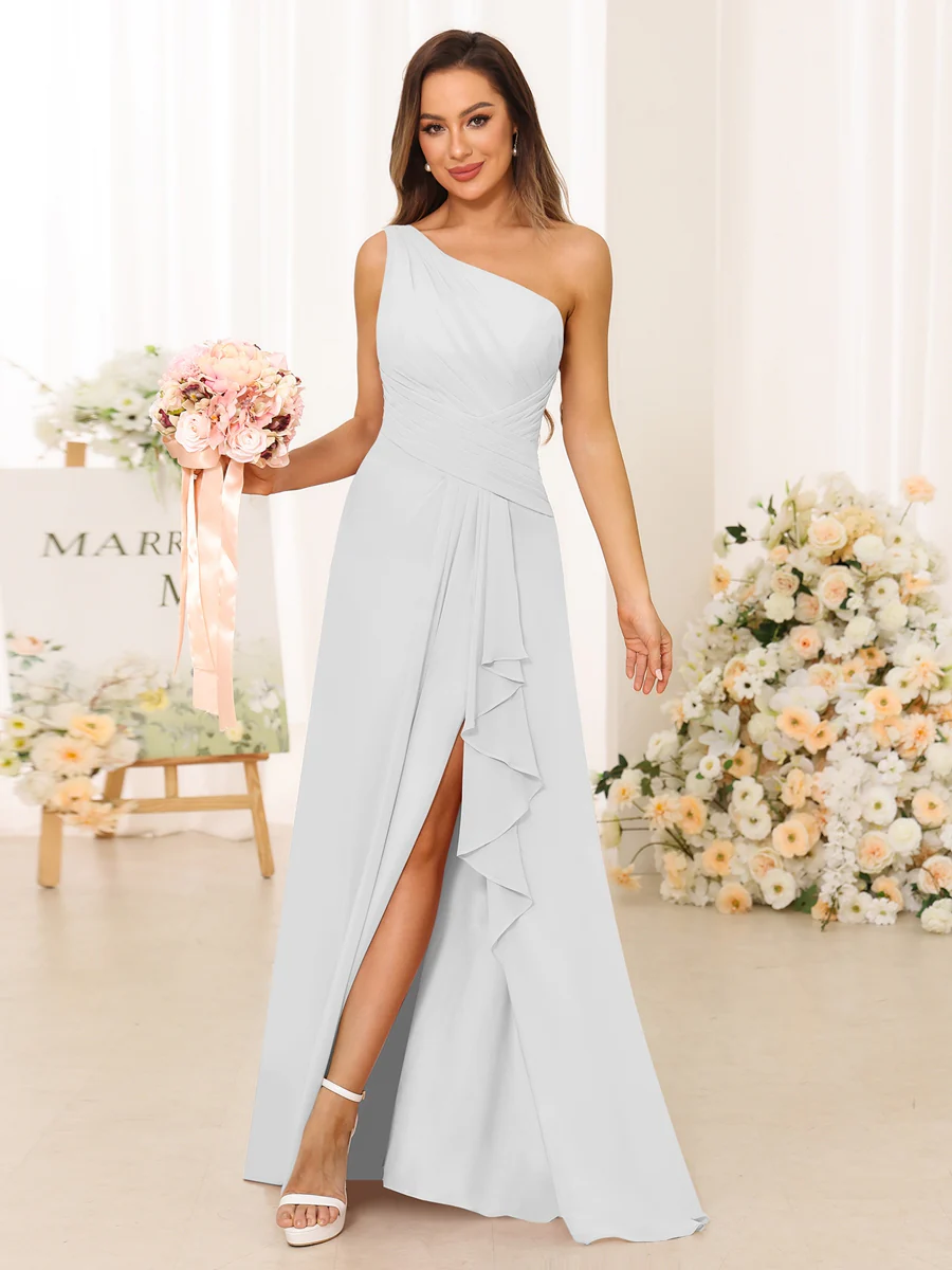 A-Line/Princess One-Shoulder Long Bridesmaid Dresses with Split Side - Image 21