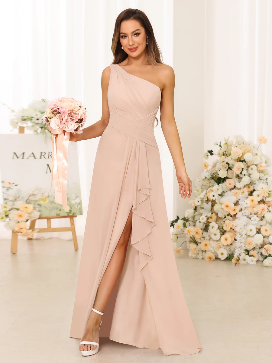 A-Line/Princess One-Shoulder Long Bridesmaid Dresses with Split Side - Image 24