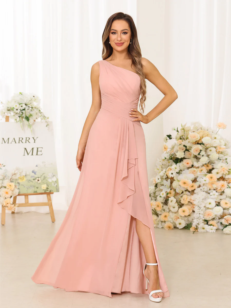 A-Line/Princess One-Shoulder Long Bridesmaid Dresses with Split Side - Image 5