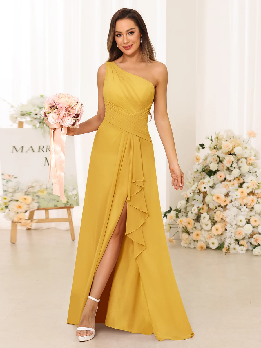 A-Line/Princess One-Shoulder Long Bridesmaid Dresses with Split Side - Image 69