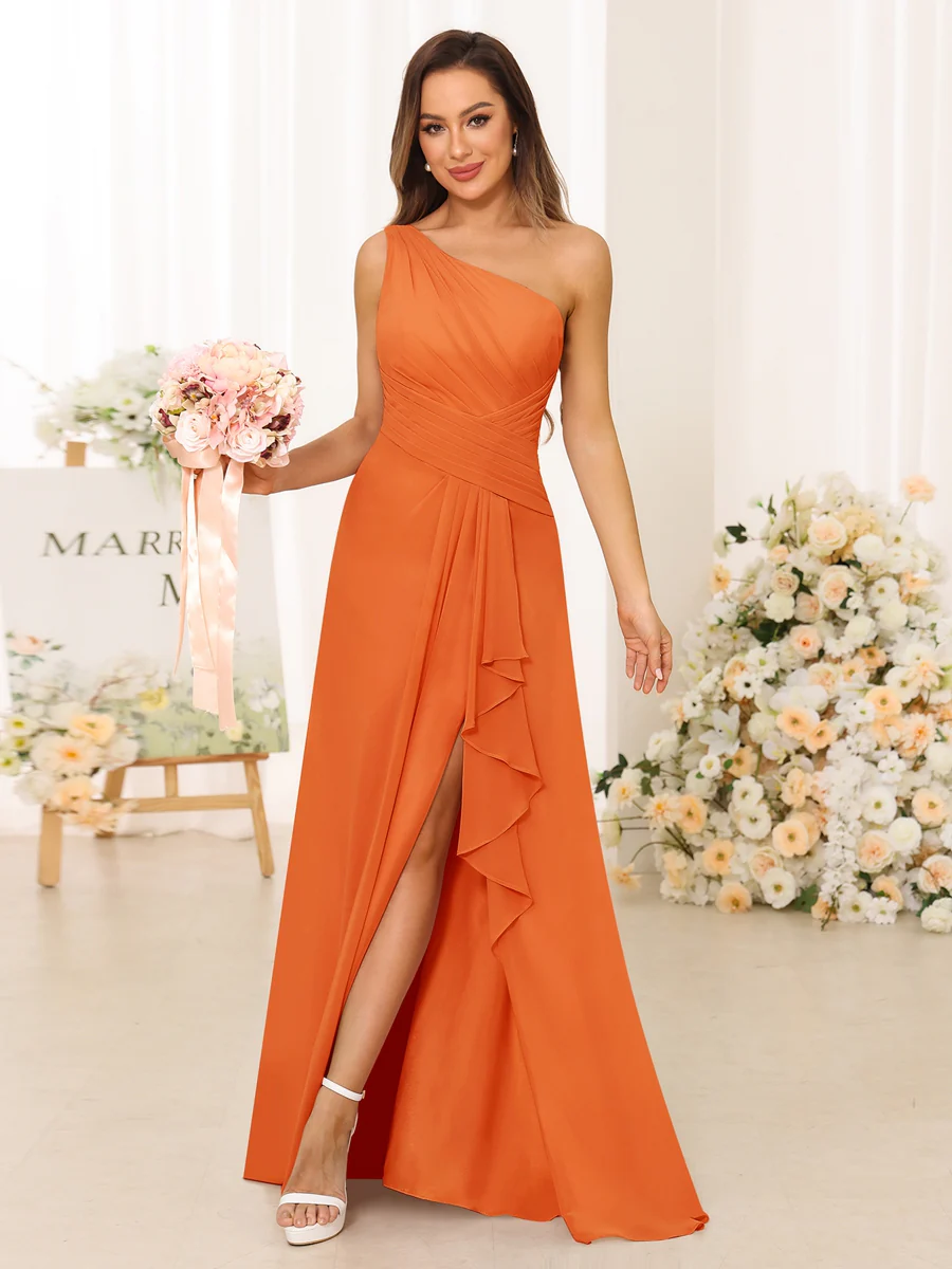 A-Line/Princess One-Shoulder Long Bridesmaid Dresses with Split Side - Image 71