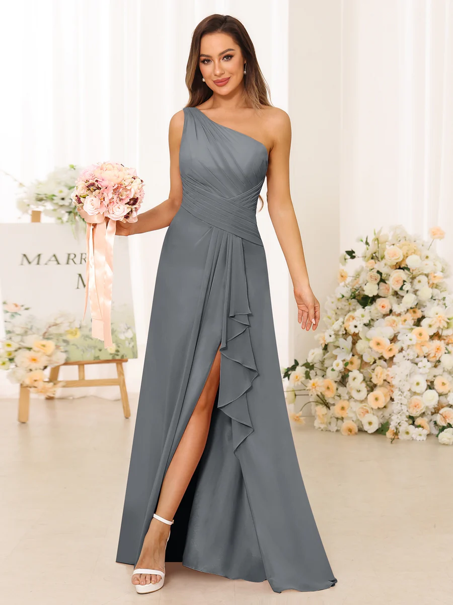 A-Line/Princess One-Shoulder Long Bridesmaid Dresses with Split Side - Image 73