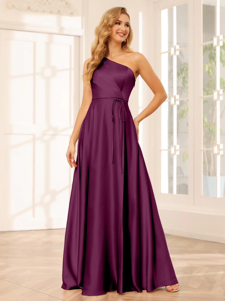 A-Line/Princess One-Shoulder Long Bridesmaid Dresses with Split Side & Sash - Image 34