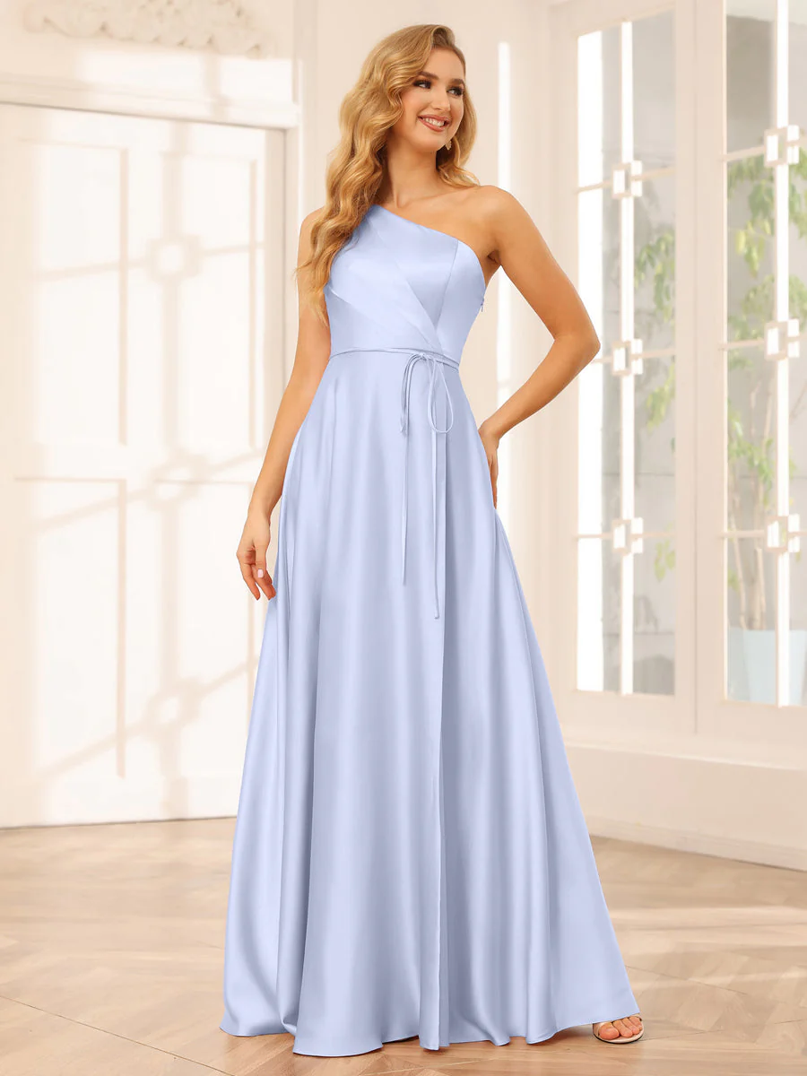 A-Line/Princess One-Shoulder Long Bridesmaid Dresses with Split Side & Sash - Image 38