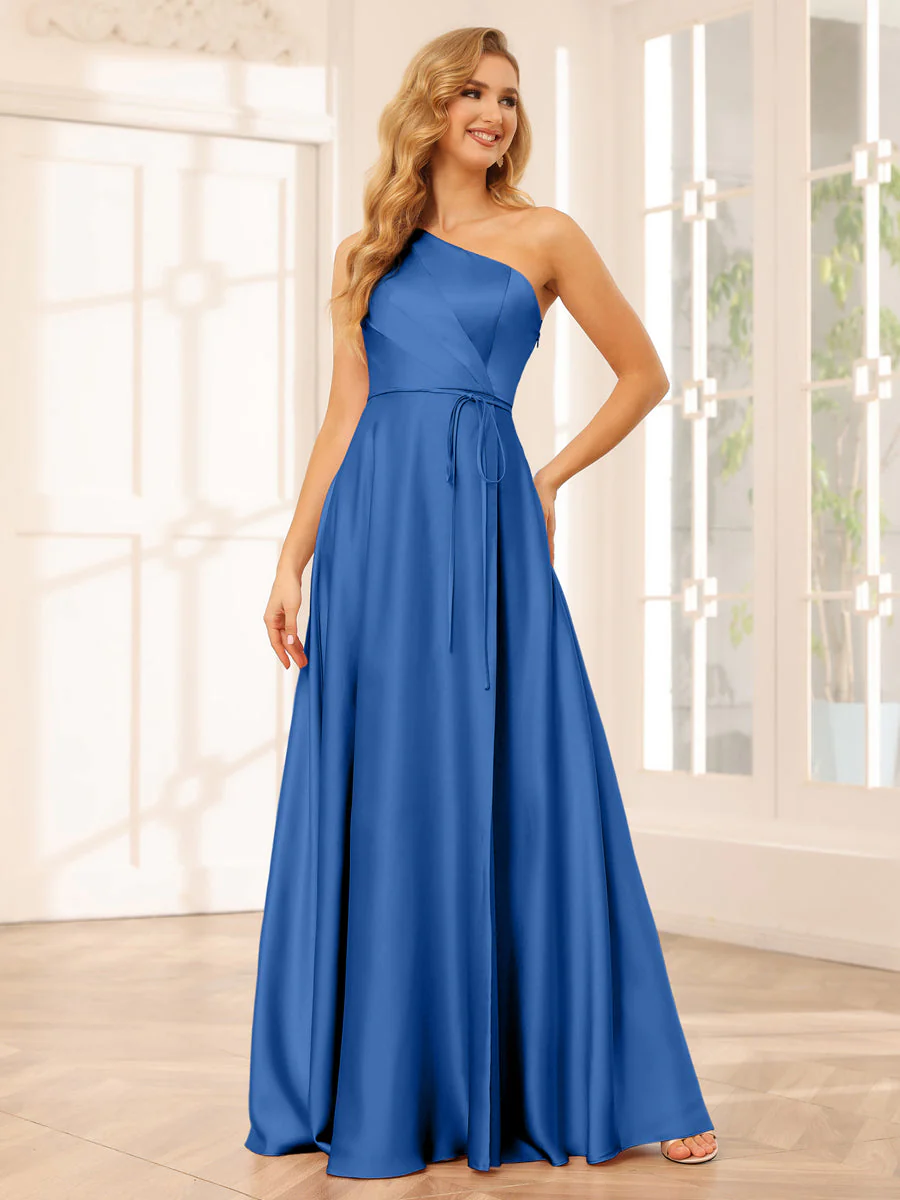 A-Line/Princess One-Shoulder Long Bridesmaid Dresses with Split Side & Sash - Image 42