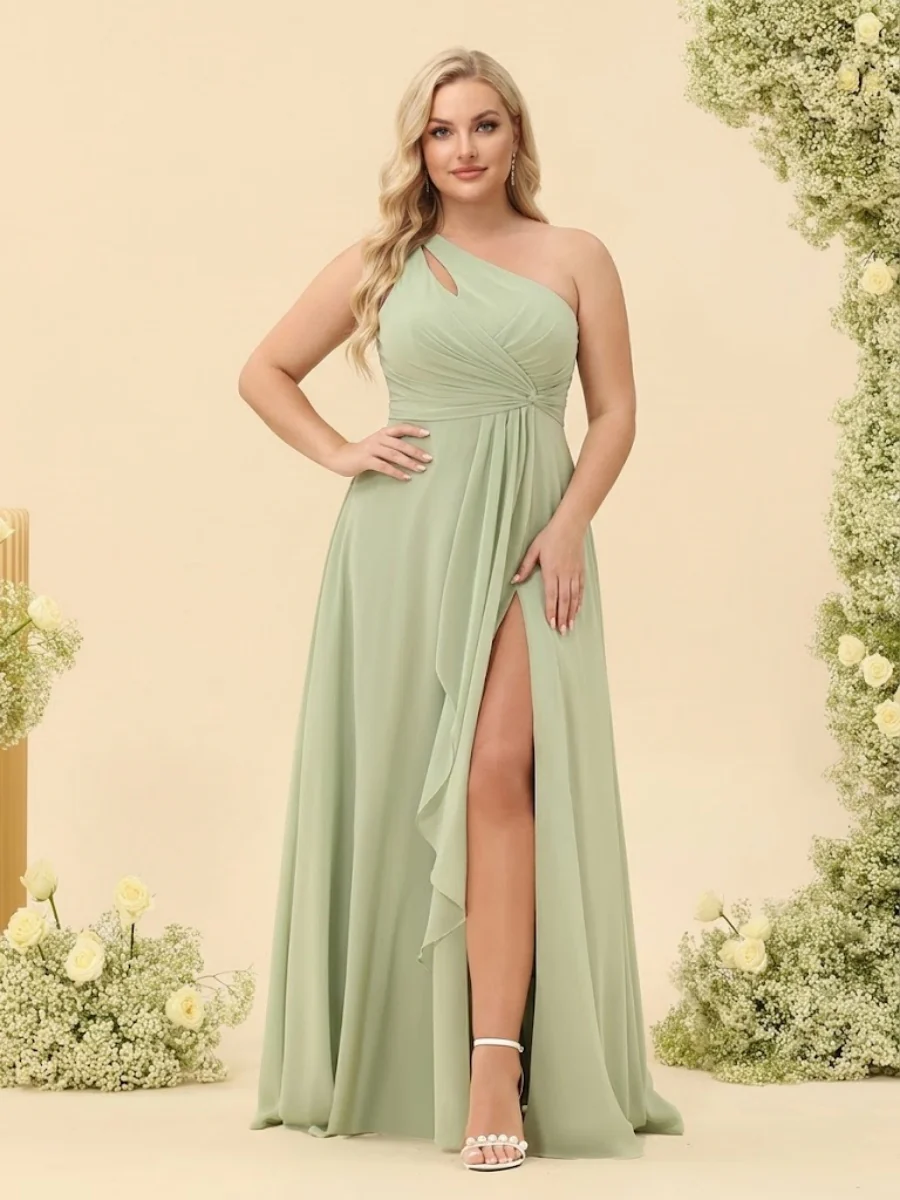 A-Line/Princess One-Shoulder Long Bridesmaid Plus Size Dresses with Split Side