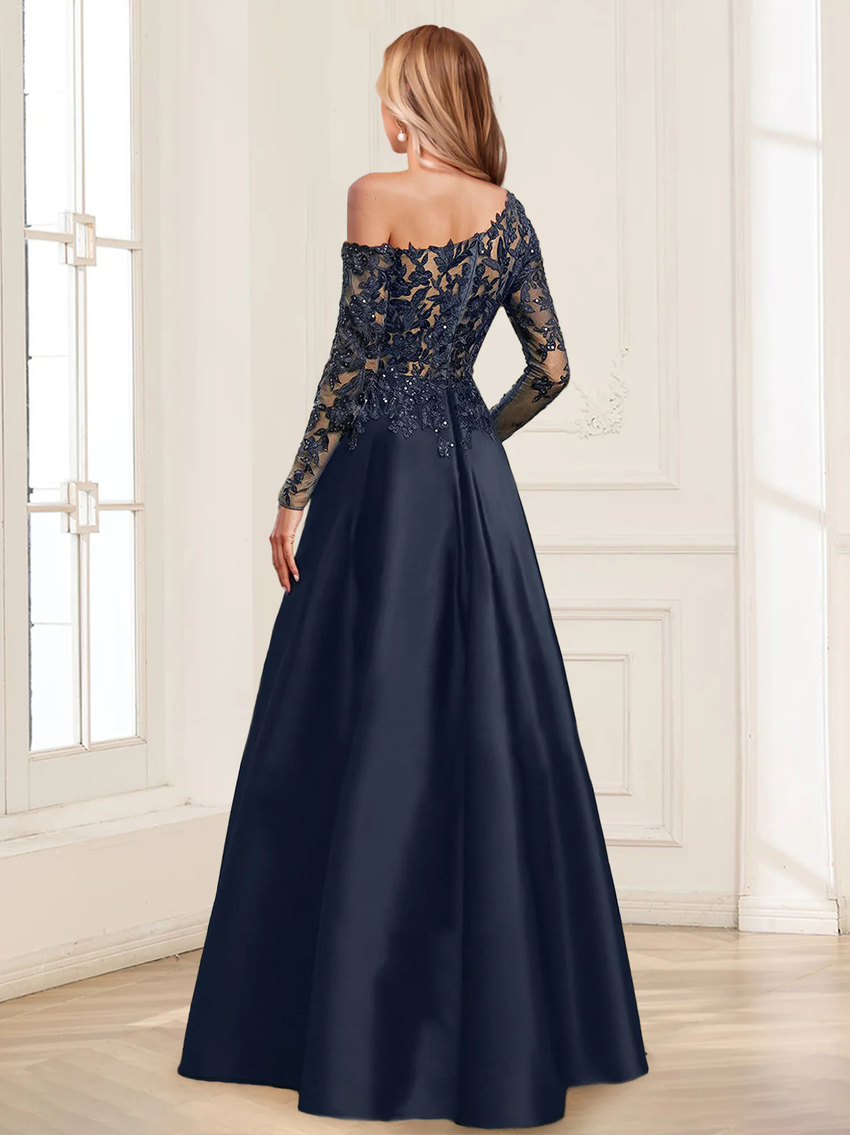 A-Line/Princess One-Shoulder Long Sleeves Floor-Length Mother of the Bride Dresses with Appliques - Image 2