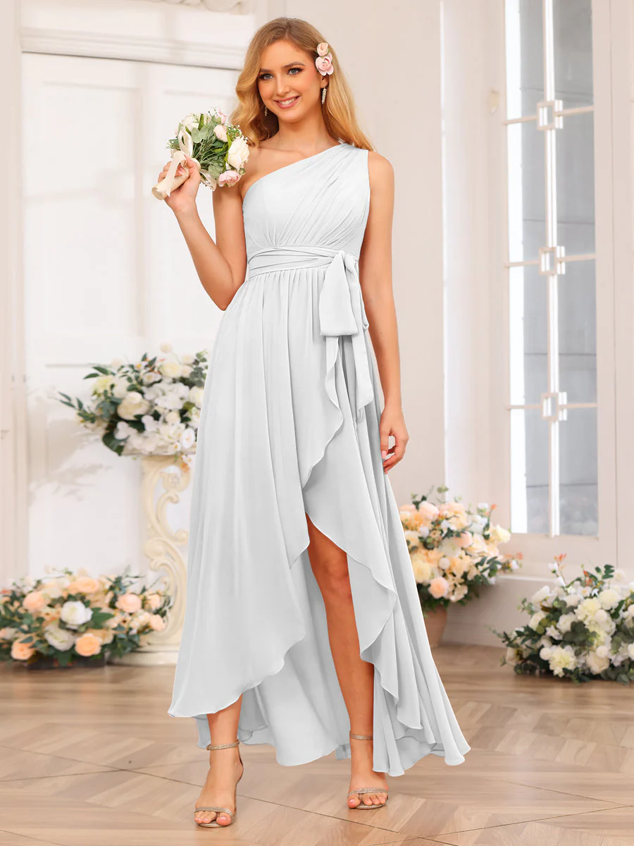 A-Line/Princess One-Shoulder Long Wedding Party Dresses with Sash - Image 21