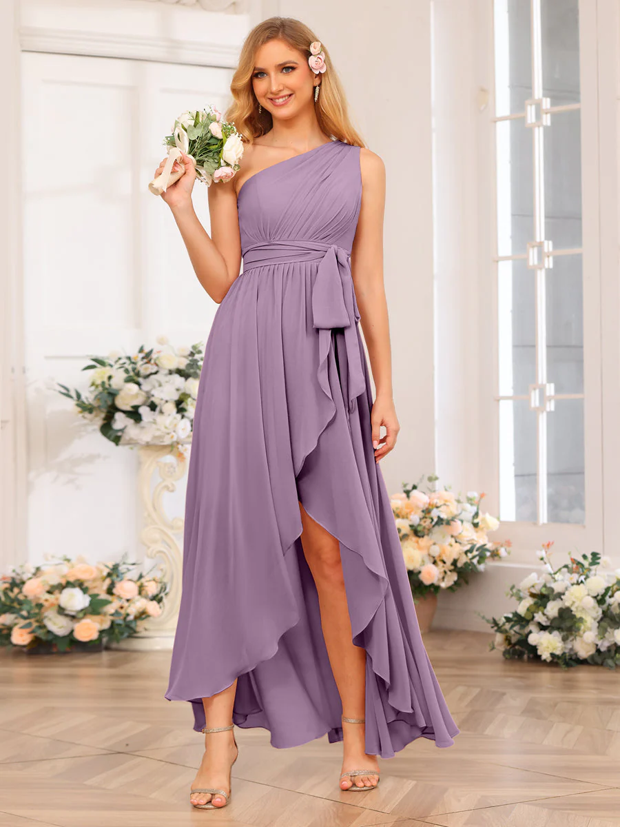 A-Line/Princess One-Shoulder Long Wedding Party Dresses with Sash - Image 42