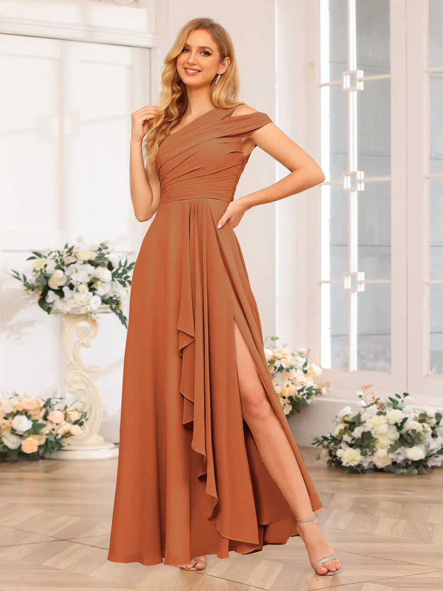 A-Line/Princess One-Shoulder Long Wedding Party Dresses with Split Side - Image 14