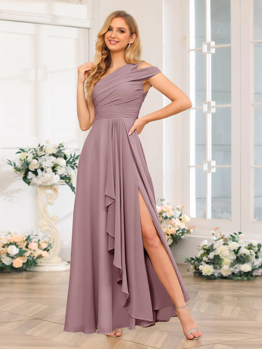 A-Line/Princess One-Shoulder Long Wedding Party Dresses with Split Side - Image 34