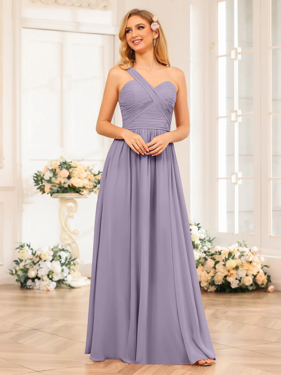 A-Line/Princess One-Shoulder Long Wedding Party Dresses with Split Side - Image 41