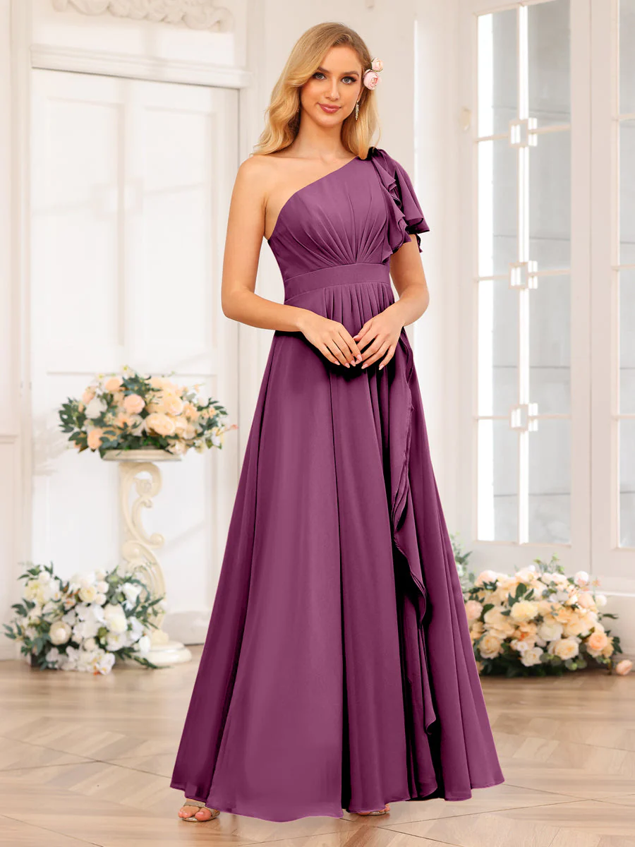 A-Line/Princess One-Shoulder Long Wedding Party Dresses with Split Side - Image 46