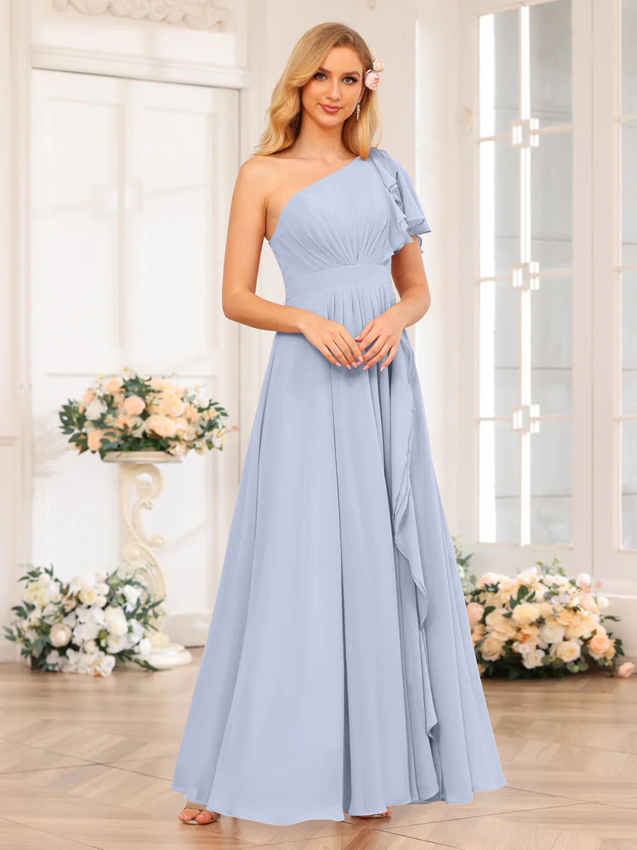 A-Line/Princess One-Shoulder Long Wedding Party Dresses with Split Side - Image 50