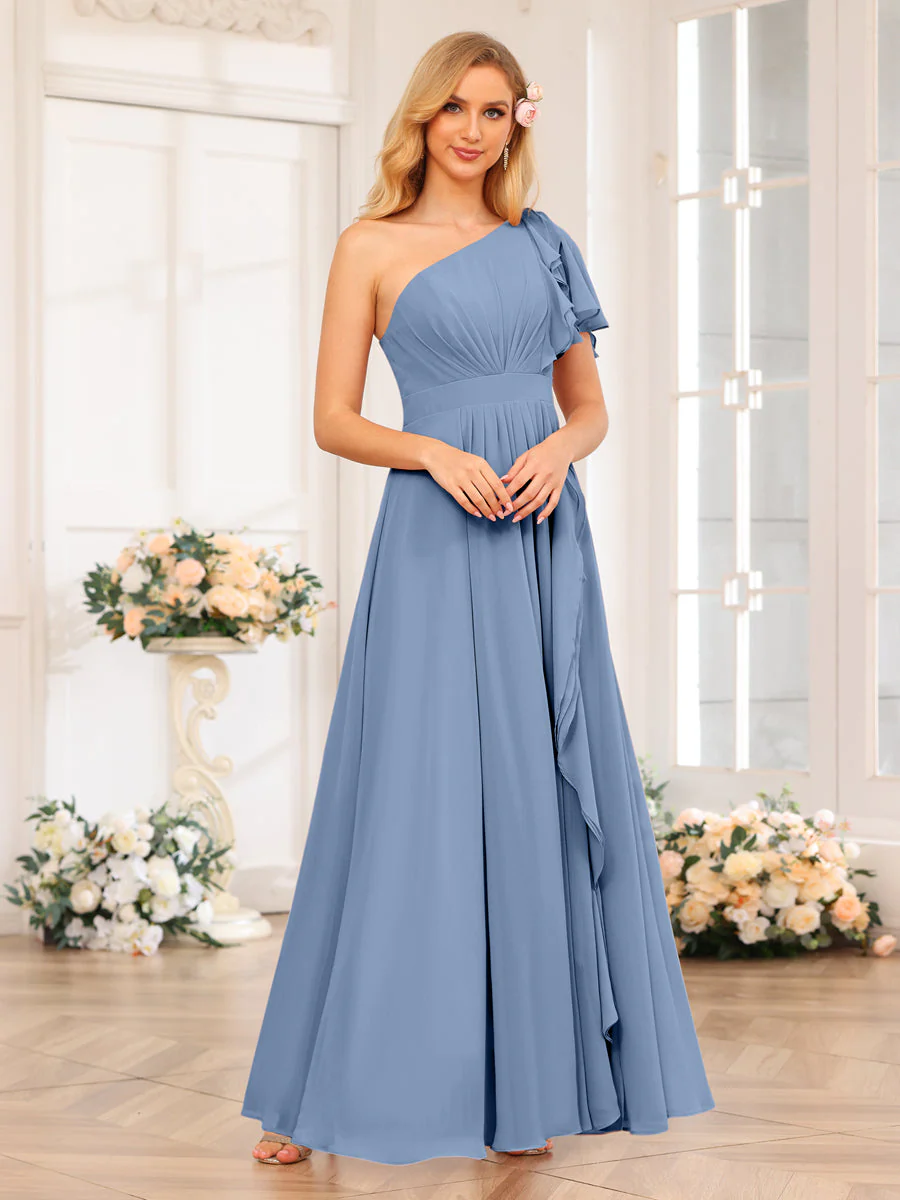 A-Line/Princess One-Shoulder Long Wedding Party Dresses with Split Side - Image 53