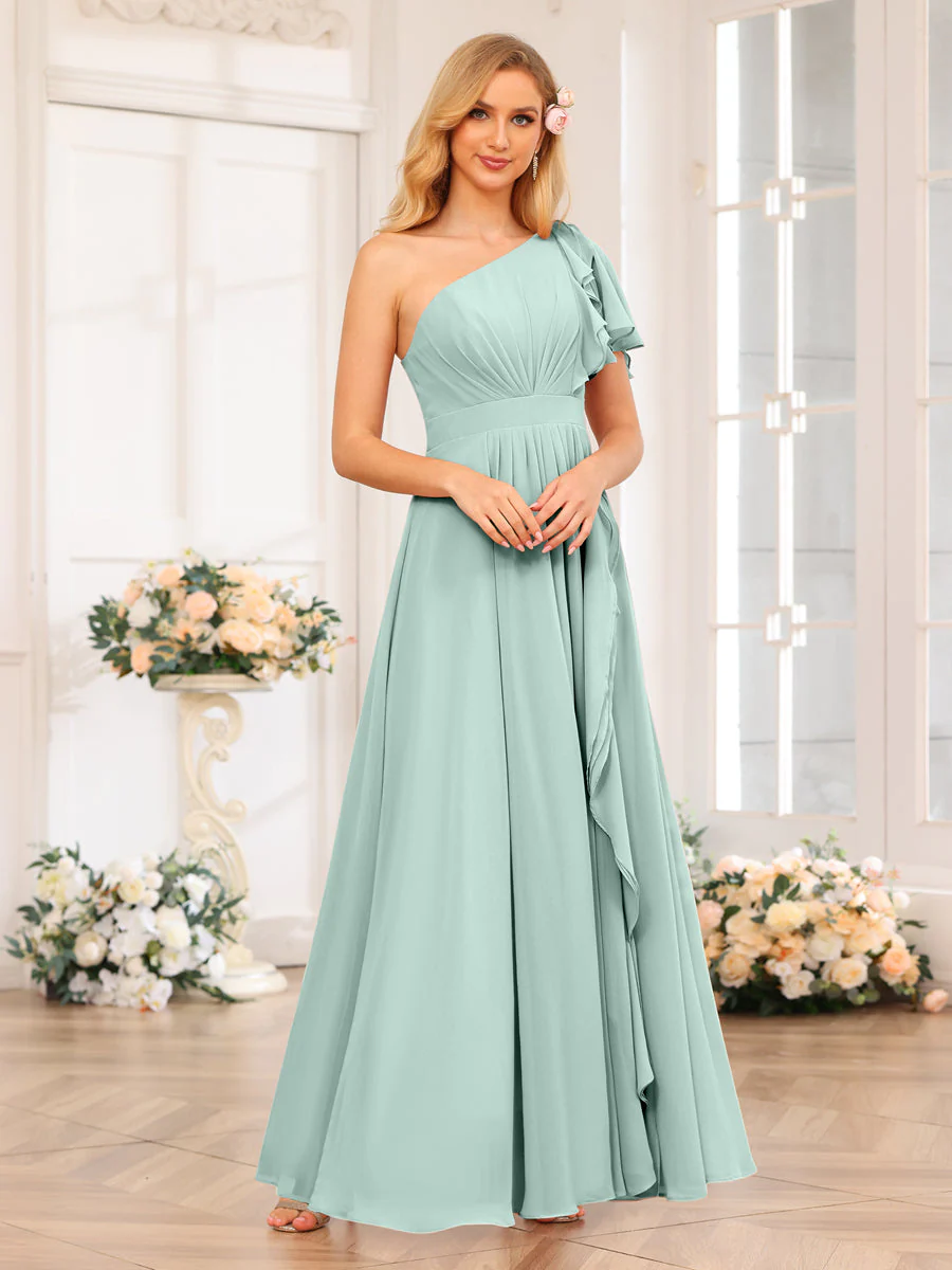 A-Line/Princess One-Shoulder Long Wedding Party Dresses with Split Side - Image 62