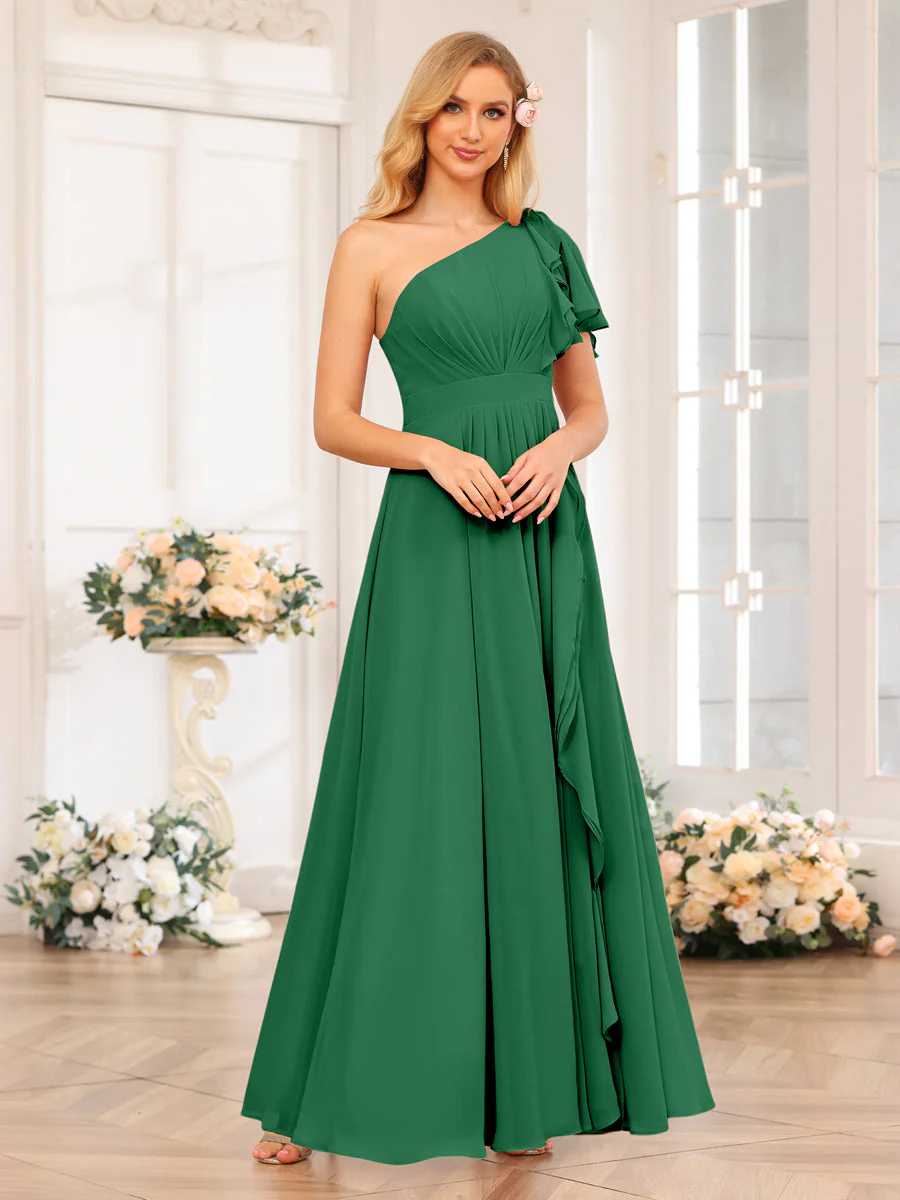 A-Line/Princess One-Shoulder Long Wedding Party Dresses with Split Side - Image 69