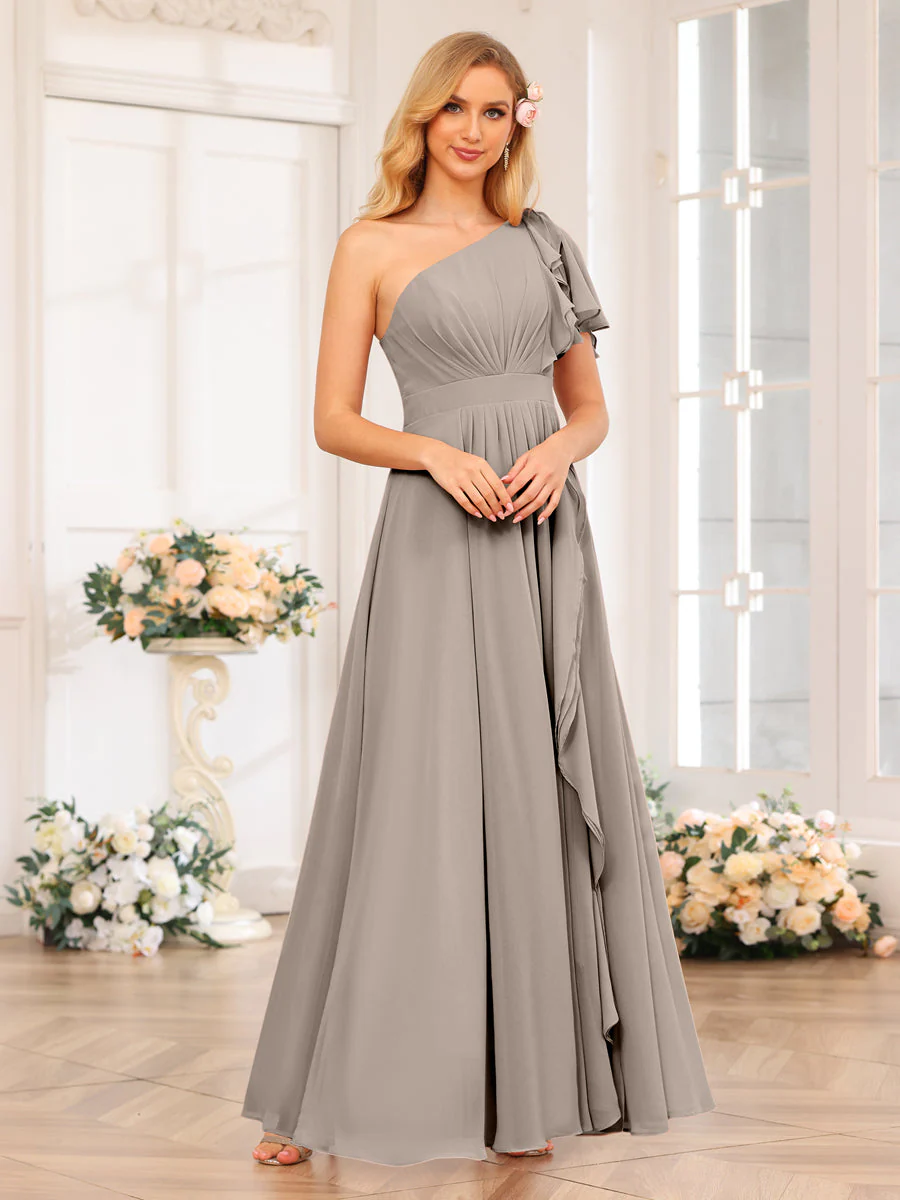 A-Line/Princess One-Shoulder Long Wedding Party Dresses with Split Side - Image 75