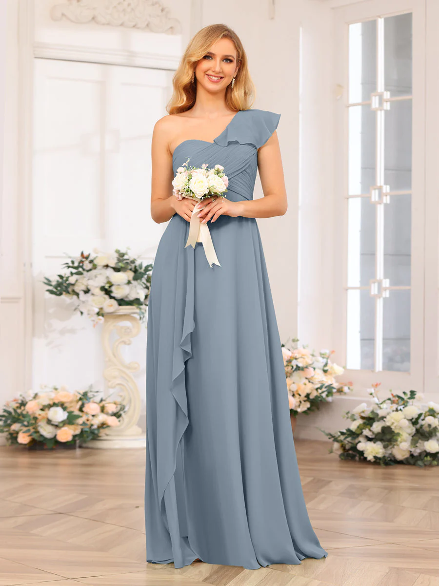 A-Line/Princess One-Shoulder Long Wedding Party Dresses with Split Side - Image 10