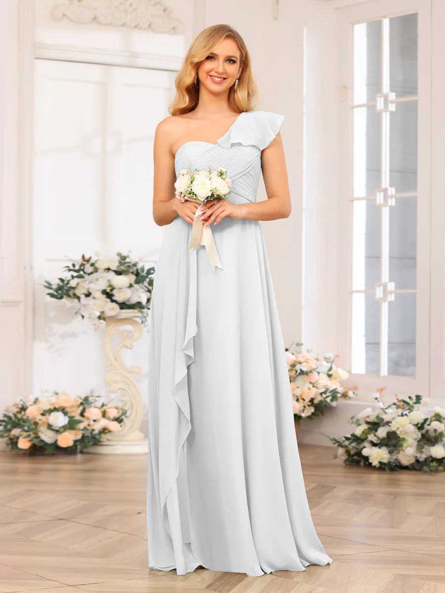 A-Line/Princess One-Shoulder Long Wedding Party Dresses with Split Side - Image 20