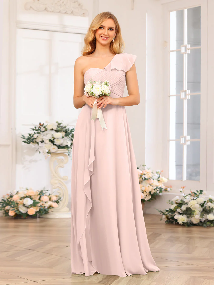 A-Line/Princess One-Shoulder Long Wedding Party Dresses with Split Side - Image 28