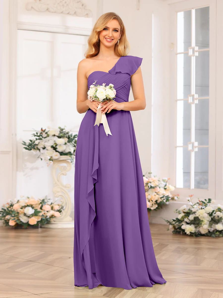 A-Line/Princess One-Shoulder Long Wedding Party Dresses with Split Side - Image 43