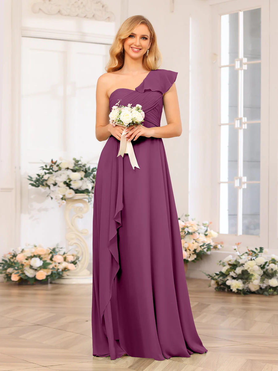 A-Line/Princess One-Shoulder Long Wedding Party Dresses with Split Side - Image 45
